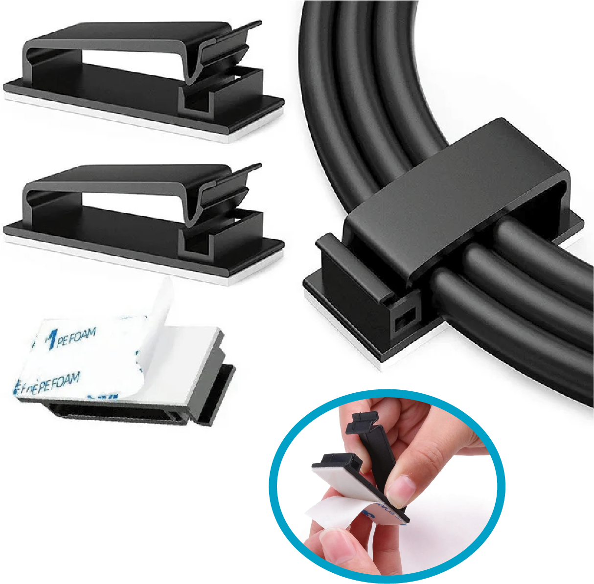 Set 5 Clip de Cable autoadhesivo 45mm, Escritorio Pared Techo Piso Abrazadera Organizador